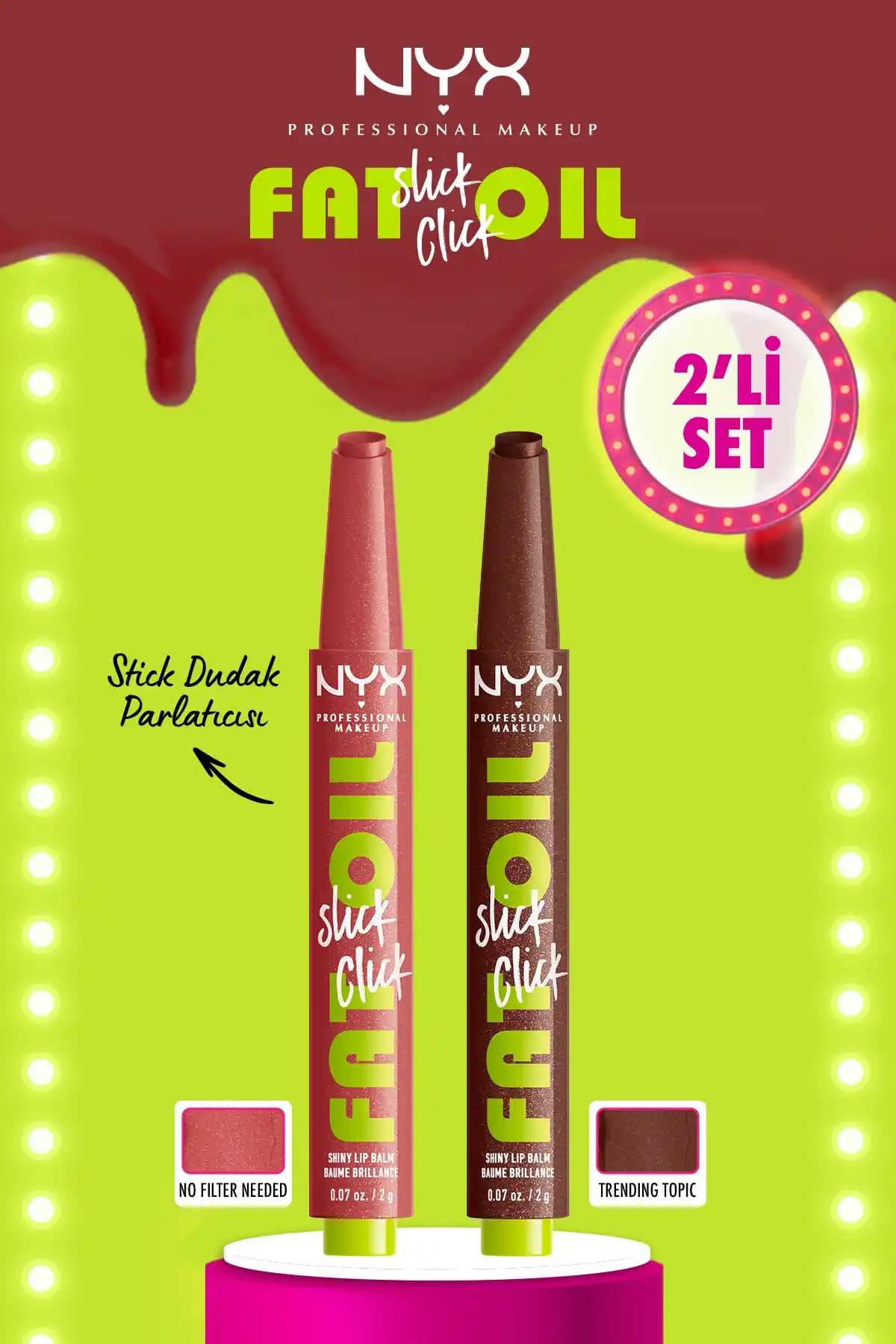 NYX Fat Oil Slick Click Dudak Balmı: Renkli Parlaklık ve 12 Saat Nem Sağlama Özelliği