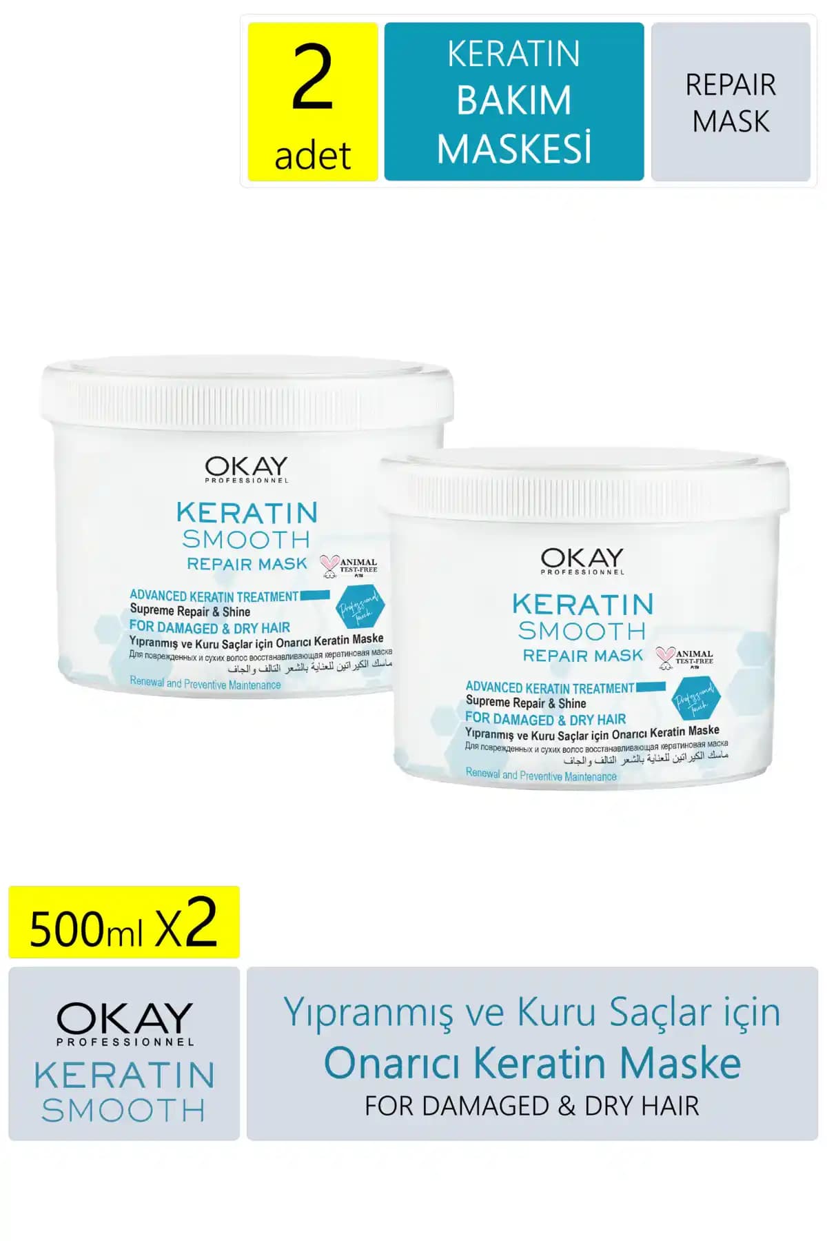 OKAYPROFESSIONEL Keratin Smooth 2'li Maske 500 ml ile Derin Bakım ve Şekillendirme