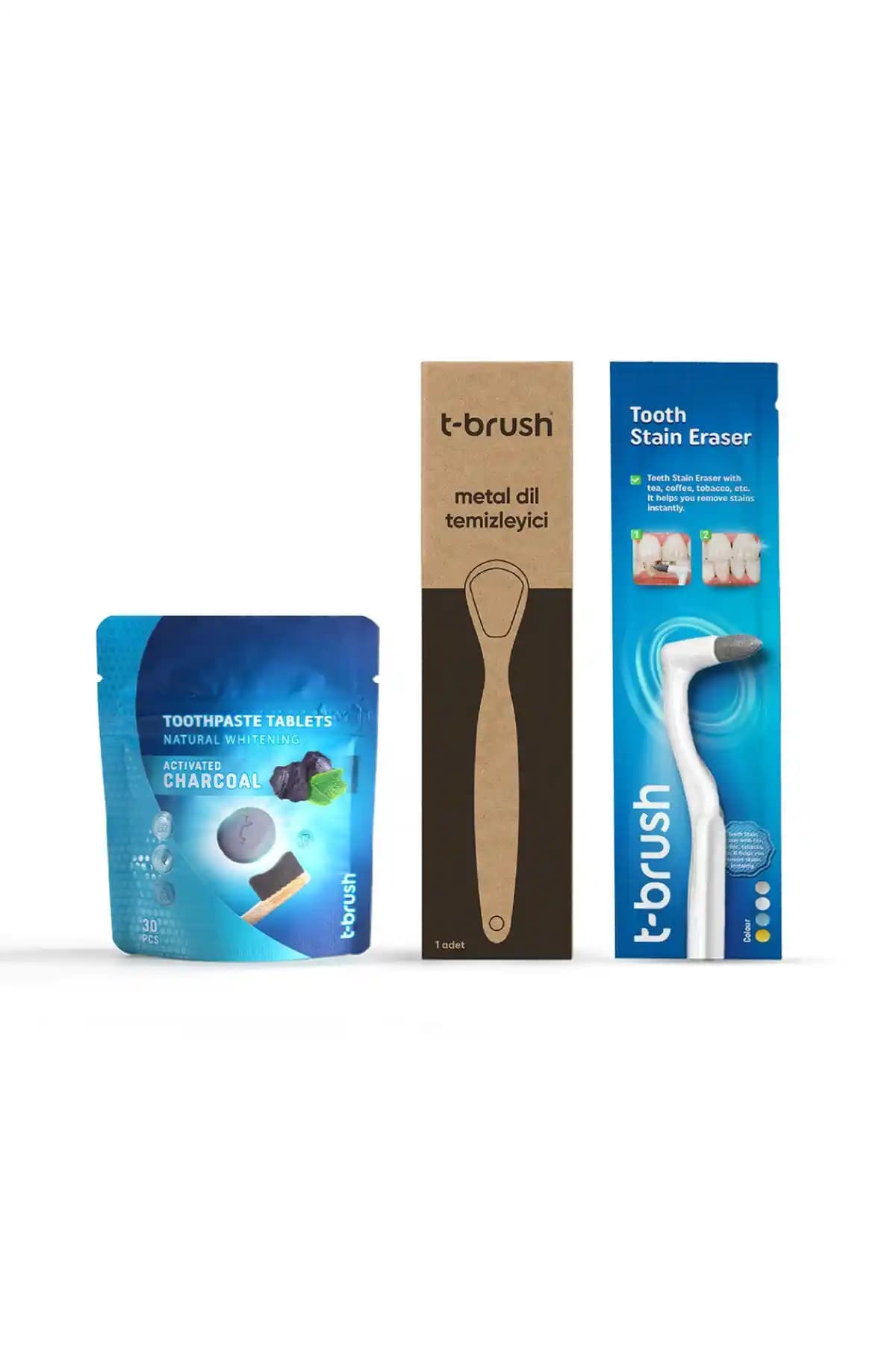 TBRUSH Paslanmaz Çelik Dil Temizleyici ve Beyazlatıcı Aktif Karbonlu Diş Macunu Seti