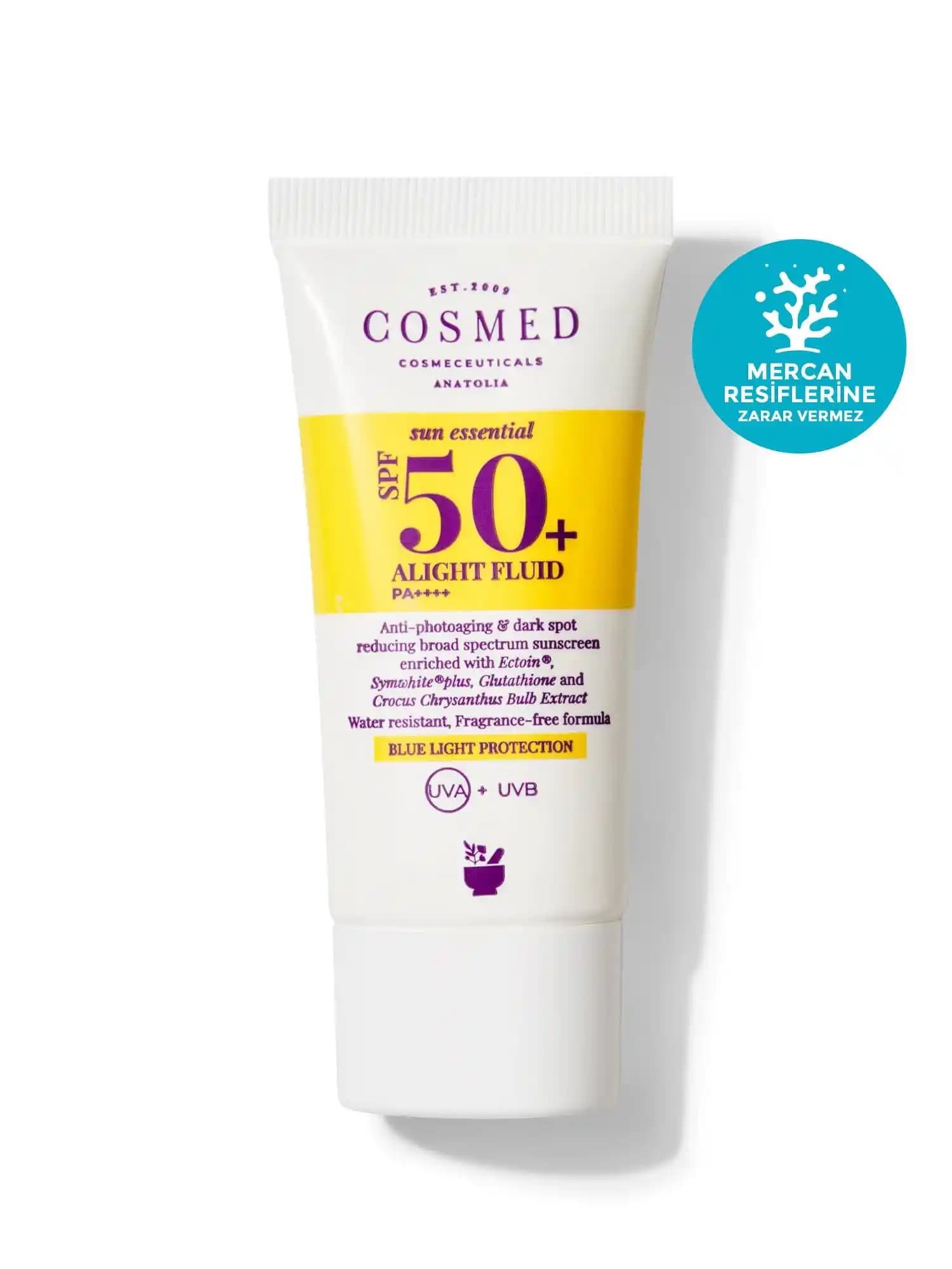 Cosmed Alight Fluid SPF 50+ ile yüksek UVA ve UVB koruması sağlayan hafif güneş kremi