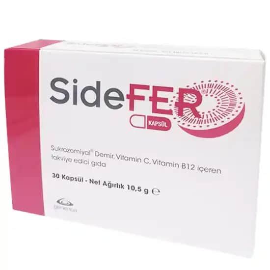 Sidefer 30 Kapsül Demir, Vitamin C ve B12 İçeren Takviye Edici Gıda