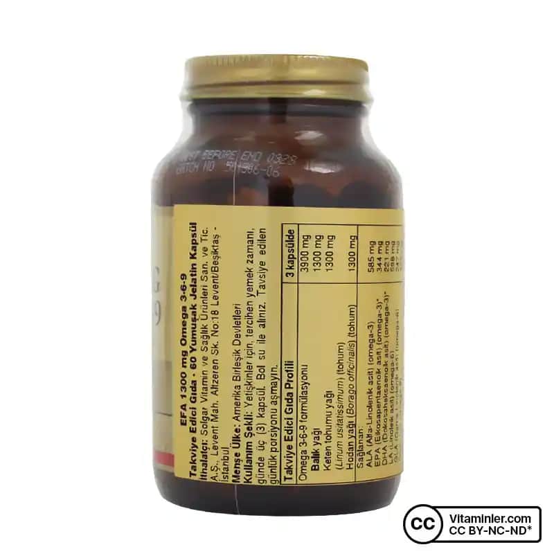 Solgar EFA 1300 mg Omega 3-6-9: Cilt, Eklem ve Kalp Sağlığını Destekleyen Doğal Takviye