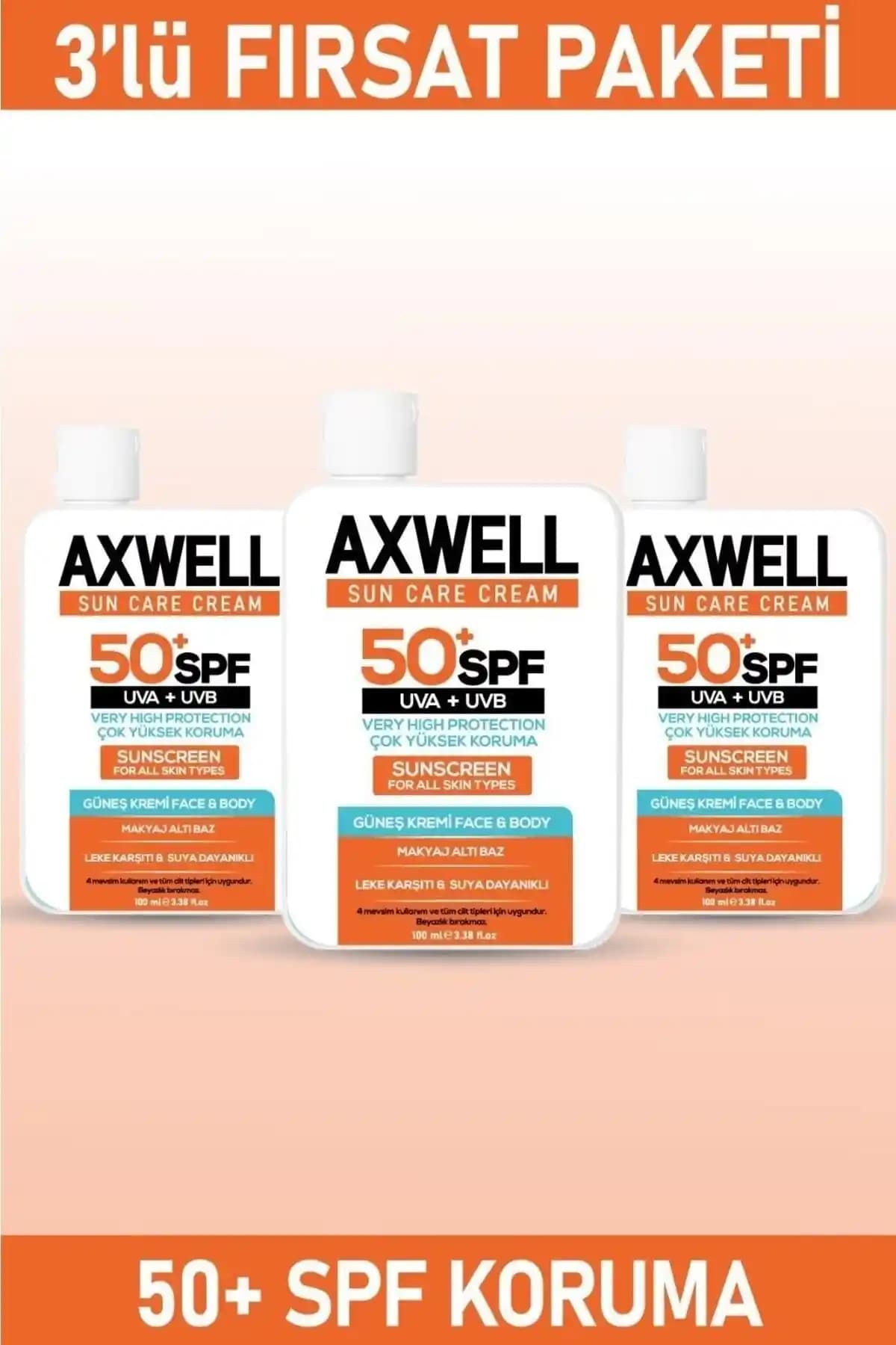 AXWELL SPF 50+ 3'lü Set: Leke Karşıtı, Nemlendirici ve Yüksek Koruma Güneş Kremi