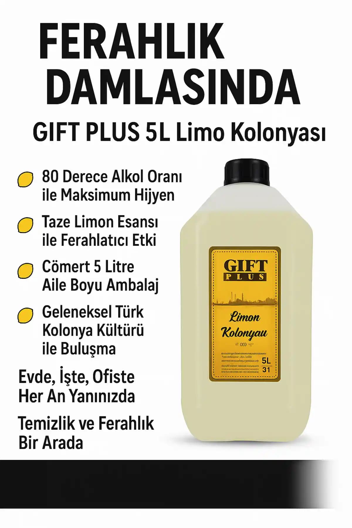 Gift Plus 5 Litre 80 Derece Limon Kolonyası ile Etkili Hijyen ve Ferahlık