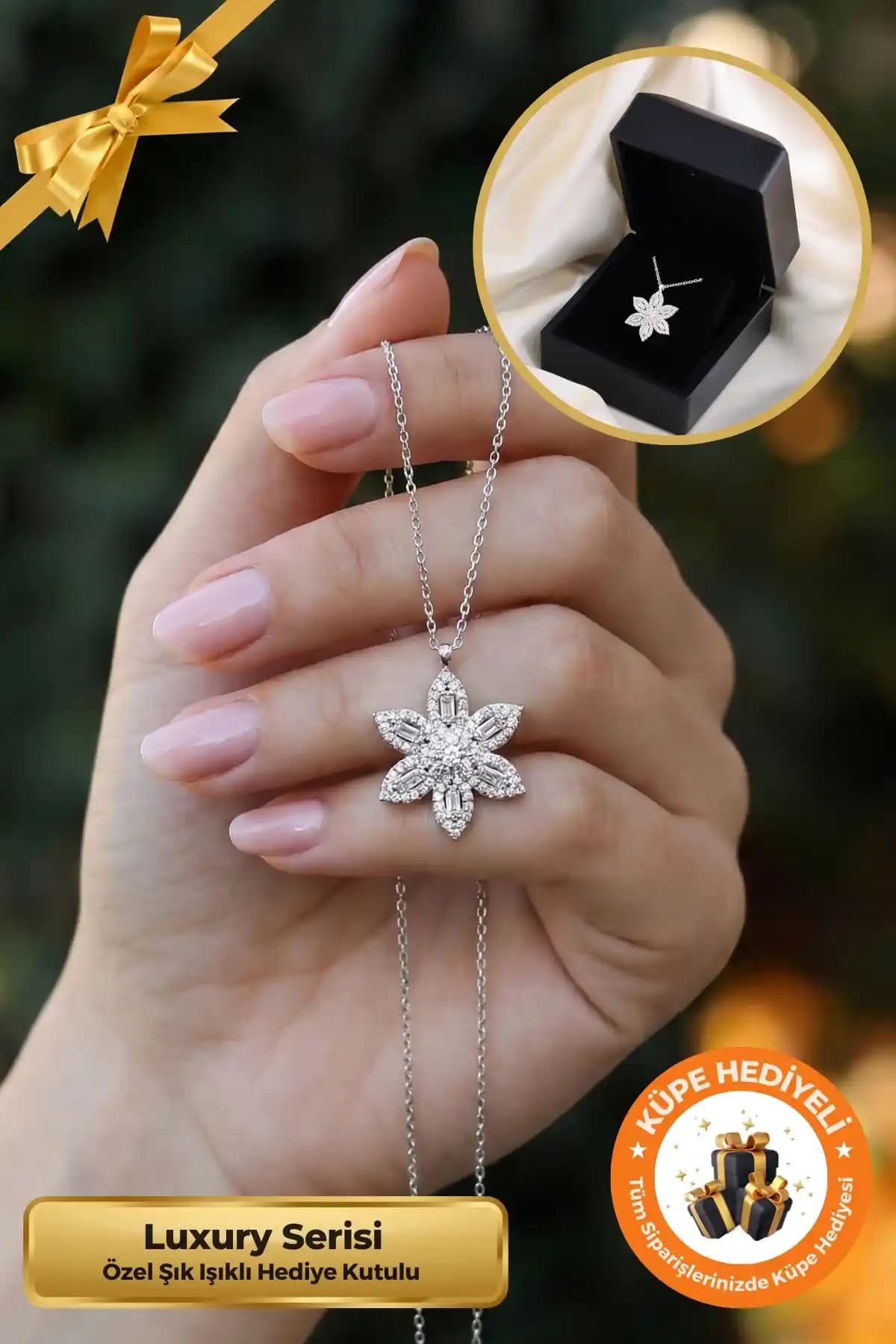 Lucente Jewellery 925 Ayar Gümüş Kaplama Lotus Çiçeği Baget Taşlı Kolye Hediyesi