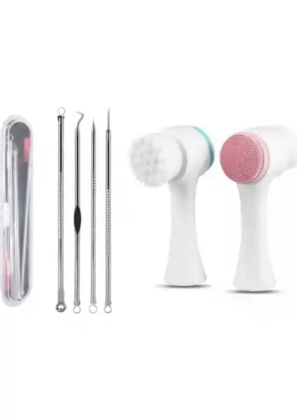 Lusso Cosmetics 4'lü Paslanmaz Siyah Nokta ve Komedon Temizleyici + Cilt Temizleme Fırçası Seti
