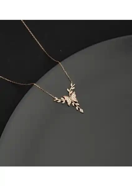 Miavi Silver 925 Ayar Gümüş Daldaki Kelebek Kolye Rose Altın Kaplama Zarif Tasarım