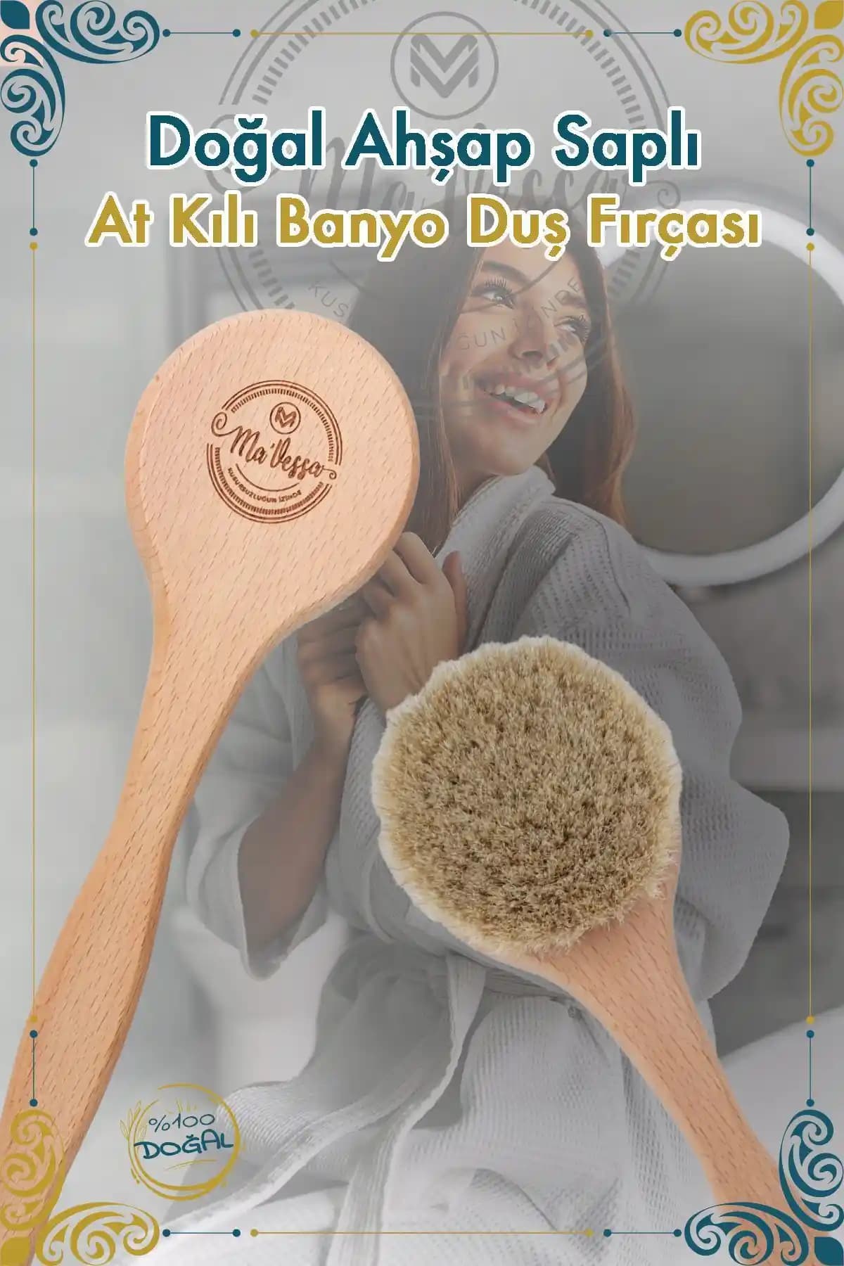 Ma'Vessa % 100 Doğal At Kılı ve Ahşap Saplı Duş Fırçası Temizlik ve Doğallık İçin Uygun