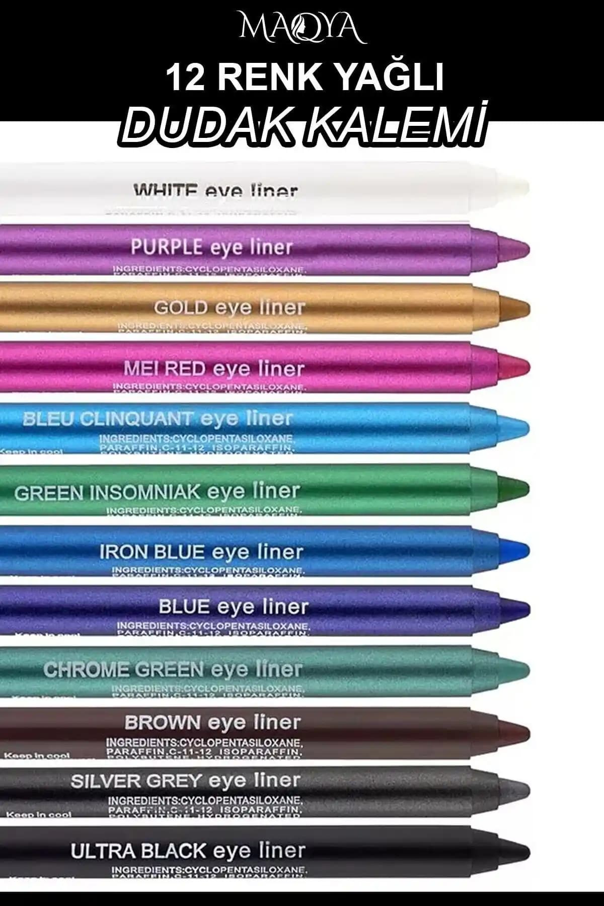 MAQYA Neon Eyeliner Seti 12 Renkli Suya Dayanıklı ve Parlak Göz Kalemi Koleksiyonu
