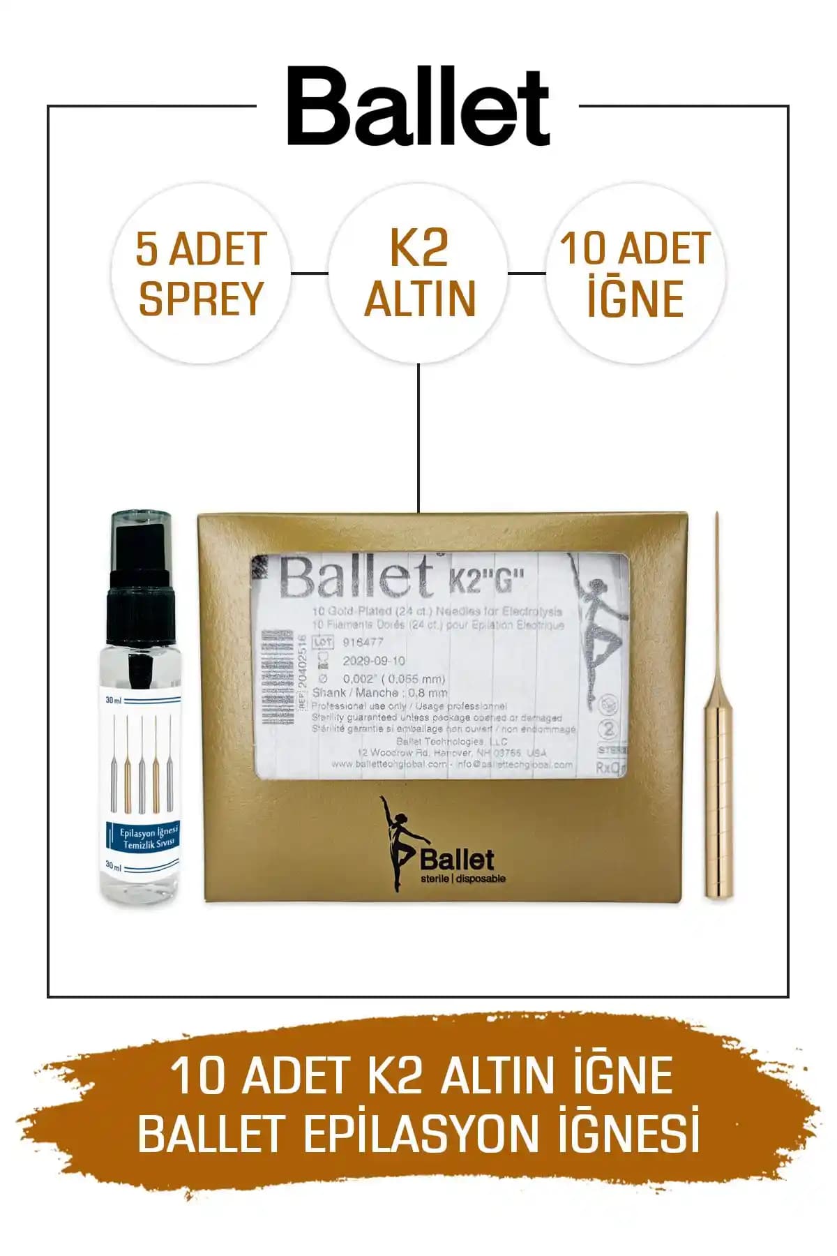 Ballet 10 Adet K2 Altın Epilasyon İğnesi Hassas ve Güvenilir Kullanım İçin Uygun