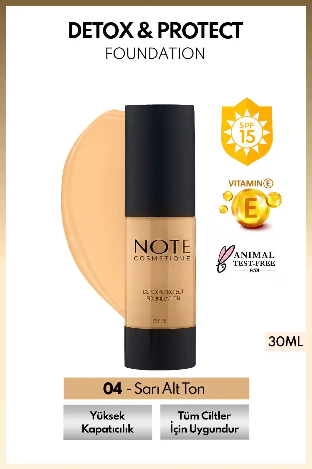 Note Cosmetics Detox & Protect Fondöten SPF 15: Günlük kullanıma uygun yüksek kapatıcılık ve doğal görünüm sağlayan ürün