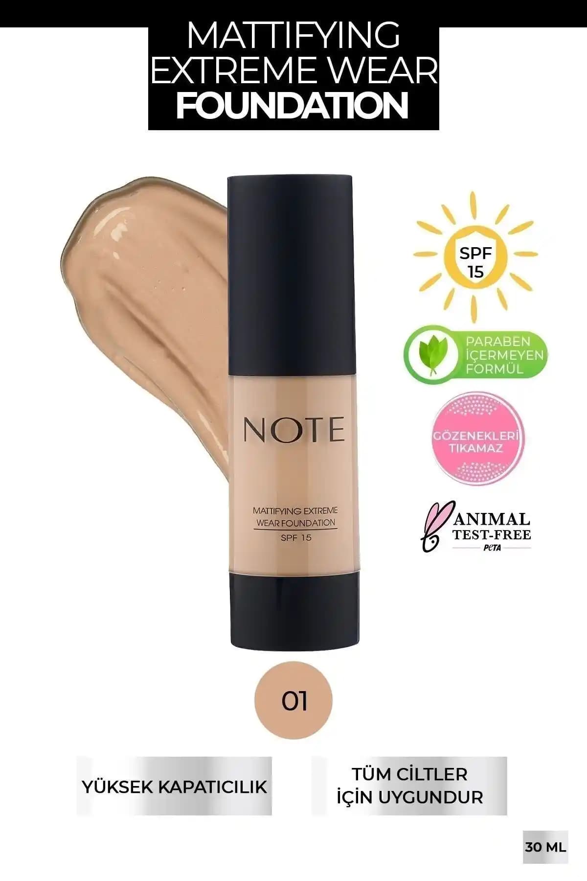 Note Cosmetics Mattifying Extreme Wear SPF 15 Yoğun Kapatıcı Mat Bitişli Fondöten - 01 Beige