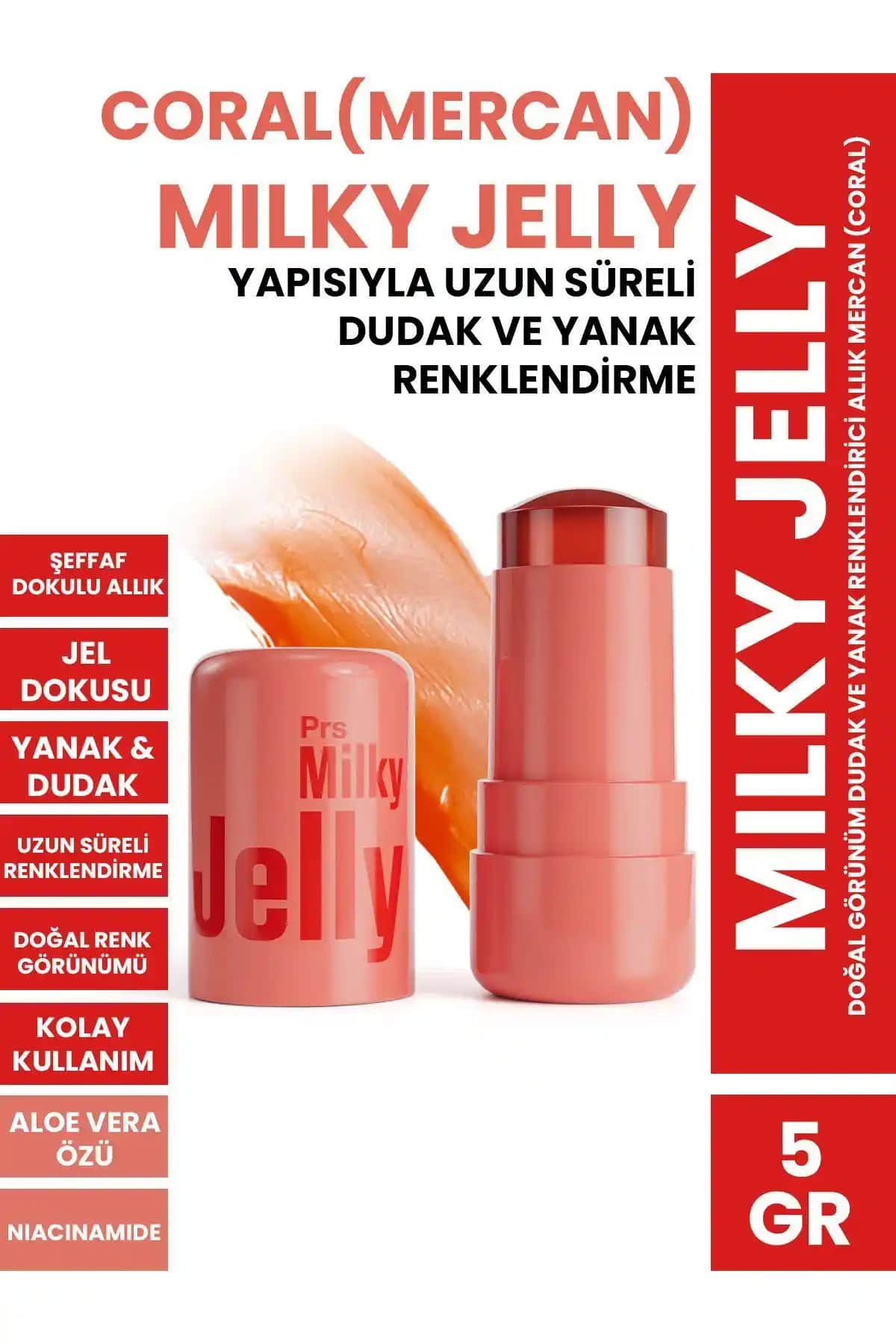 Procsin Milky Jelly Dudak ve Yanak Renk Verici Allık Mercan 5 GR Doğal ve Çok Yönlü Kullanım