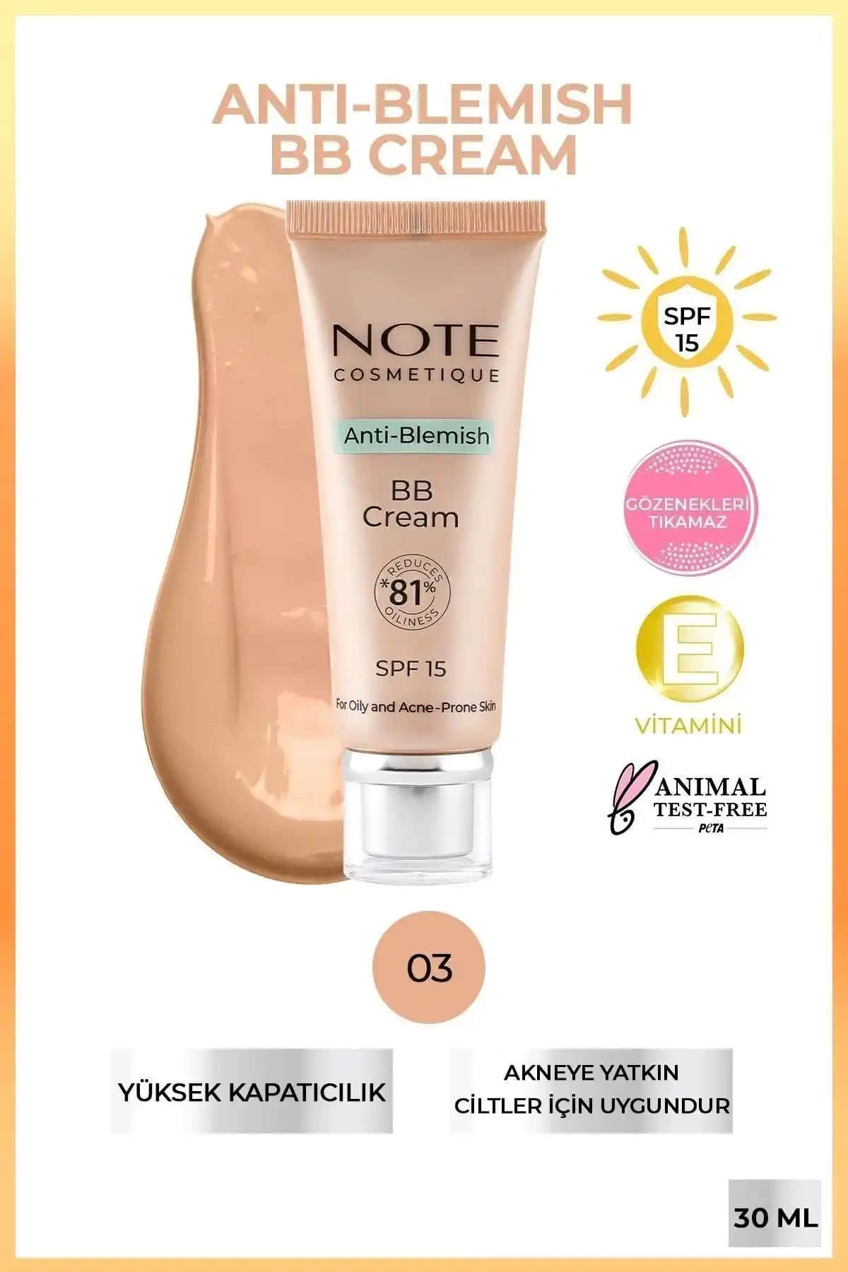Note Cosmetics Anti-Blemish BB Krem SPF 15: Akne ve Karma Ciltler İçin Yüksek Kapatıcı ve Doğal Görünüm Sağlayan Ürün