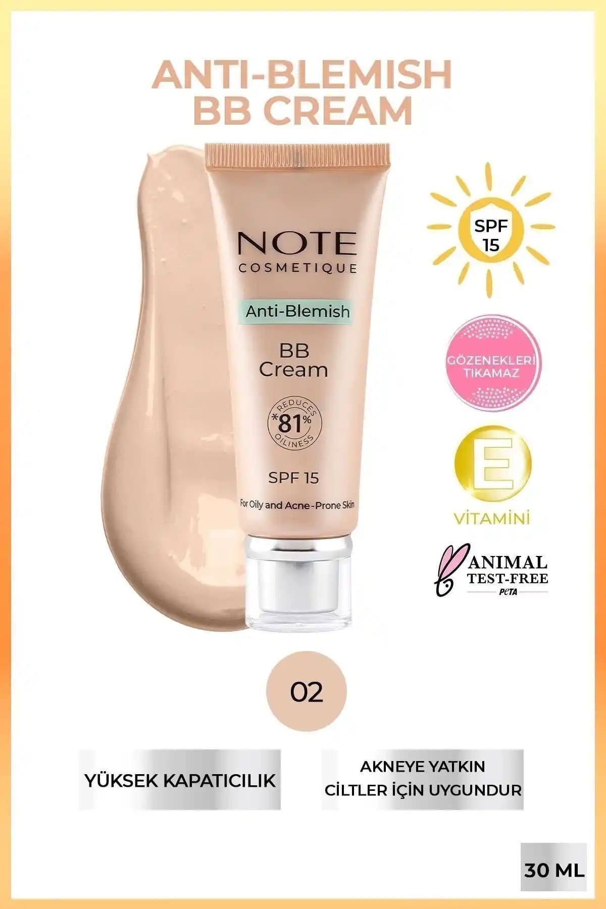 Note Cosmetics Anti-Blemish BB Krem SPF 15 Akneye Yatkın ve Yağlı Ciltler İçin Günlük Kullanım Ürünü