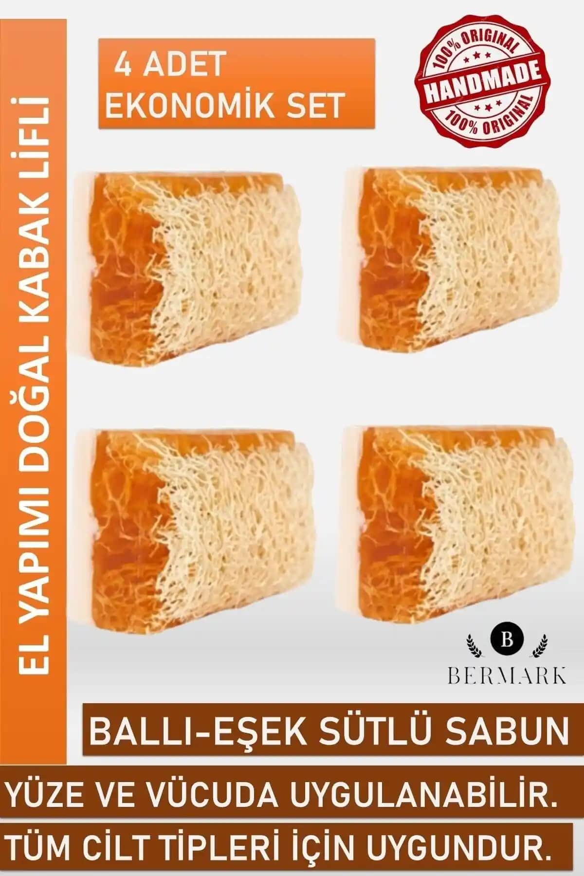 Bermark El Yapımı Doğal Kabak Lifli Eşek Sütü Ballı Sabun Cilt Temizliği ve Bakımı İçin Uygun