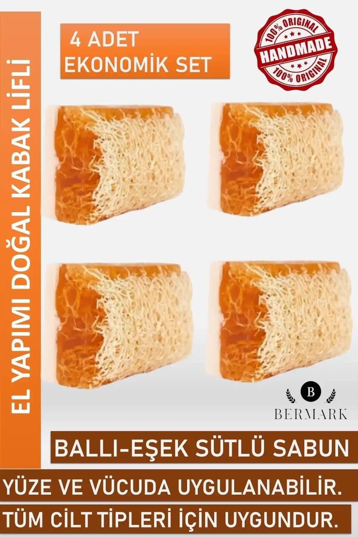 Bermark El Yapımı Doğal Kabak Lifli Eşek Sütü Ballı Sabun Cilt Temizliği ve Bakımı İçin Uygun