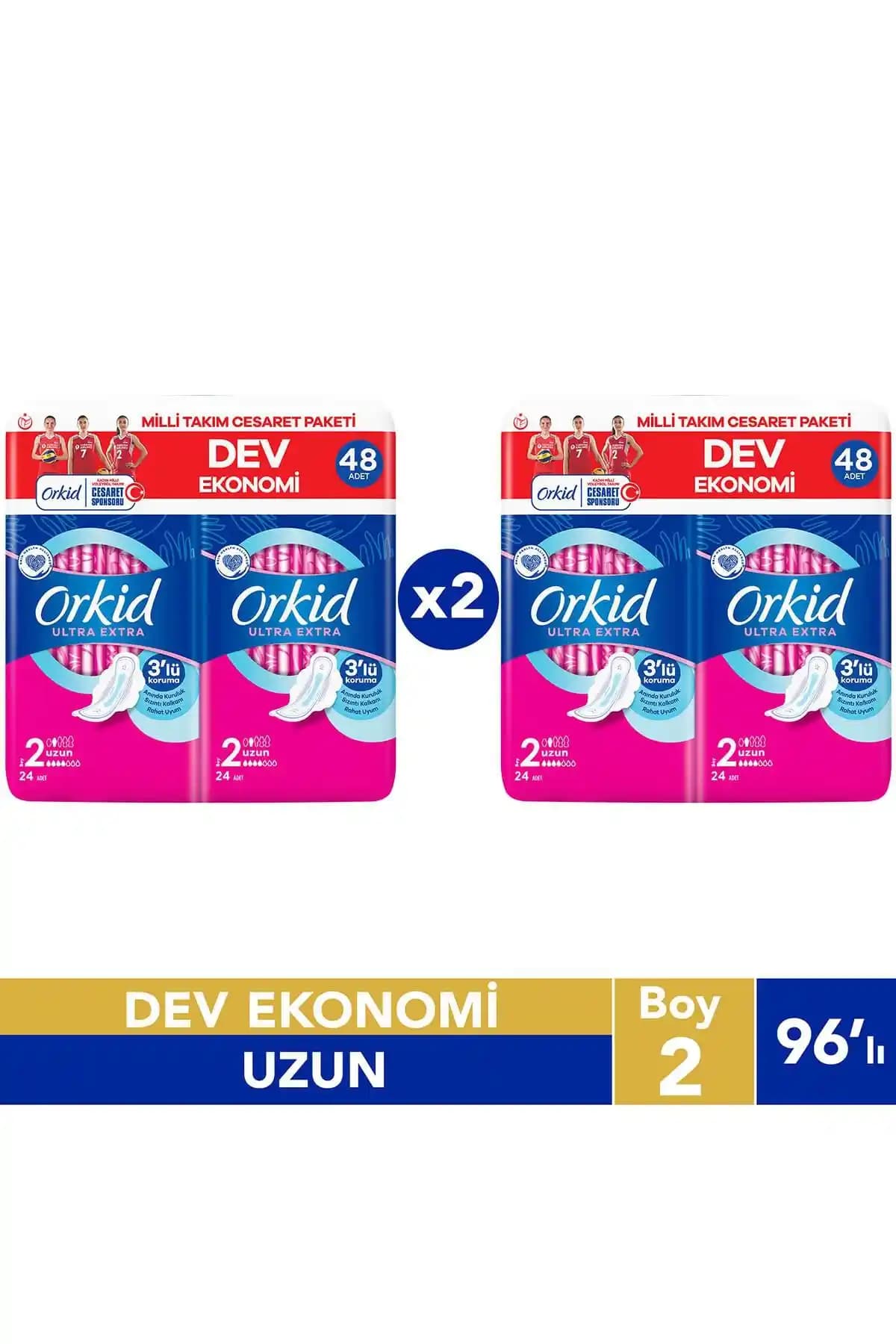 Orkid Ultra Extra Uzun Cesaret Paketi 96'lı hijyenik pedler yüksek emicilik ve konfor sağlar