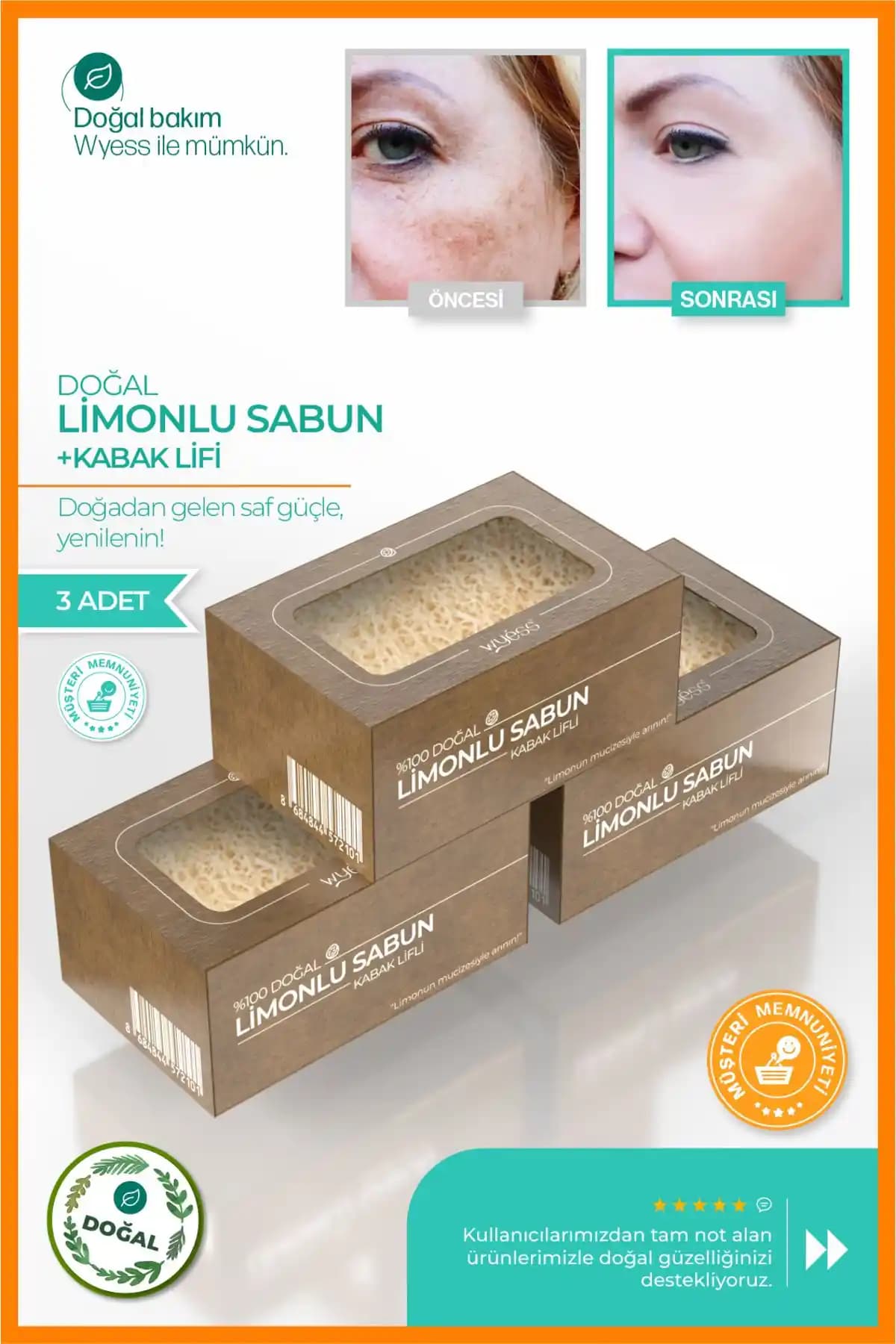 Wyess Doğal Kabak Lifli Limon Sabunu 3'lü Paket Cilt Temizliği ve Canlandırma