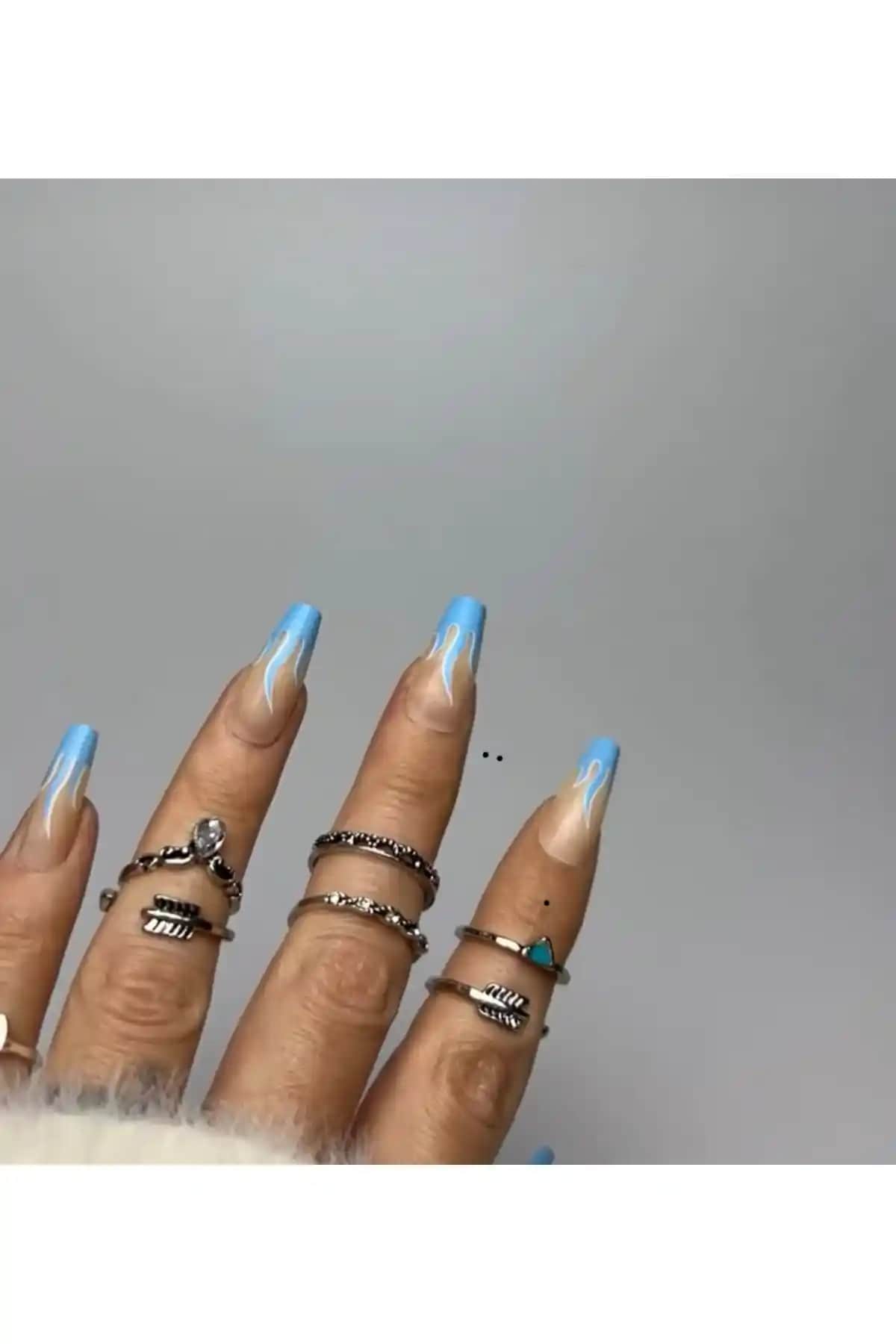 Limmons Pudra Alev Ateş Desenli Tırnaklar 20 Adet Kendinden Yapışkanlı ve Dayanıklı