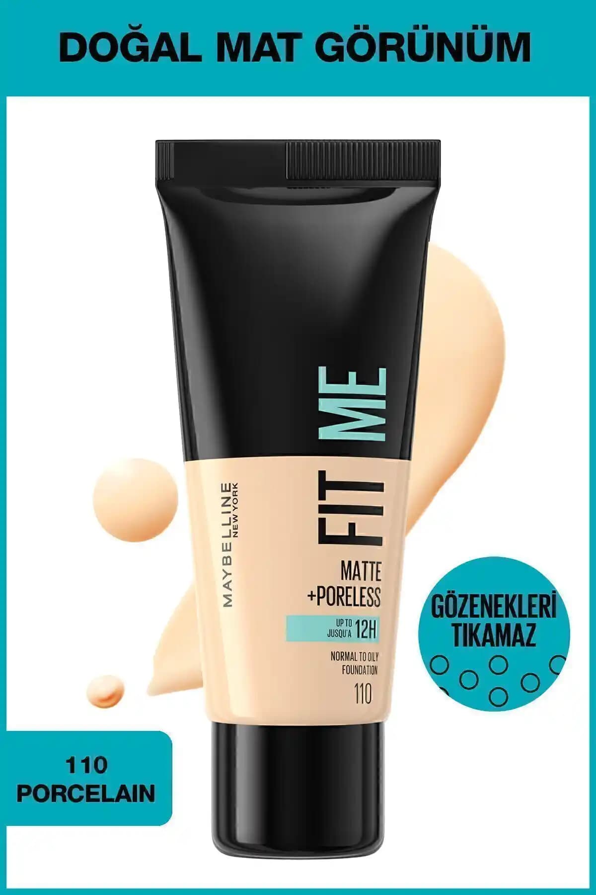Maybelline Fit Me Matte+Poreless Fondöten 110 Porcelain - Doğal ve Mat Görünüm Sağlayan Makyaj Ürünü