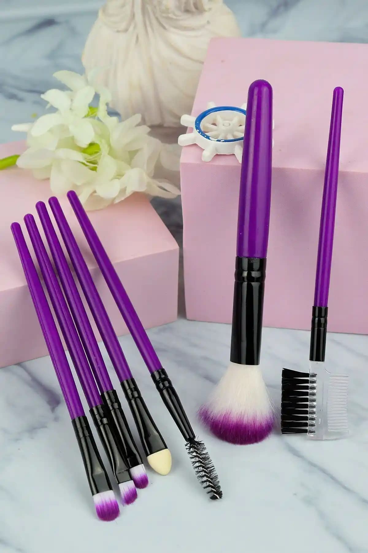 MUJGAN 7'li Poşetli Mor Makyaj Fırça Seti Yüksek Performans ve Taşınabilirlik