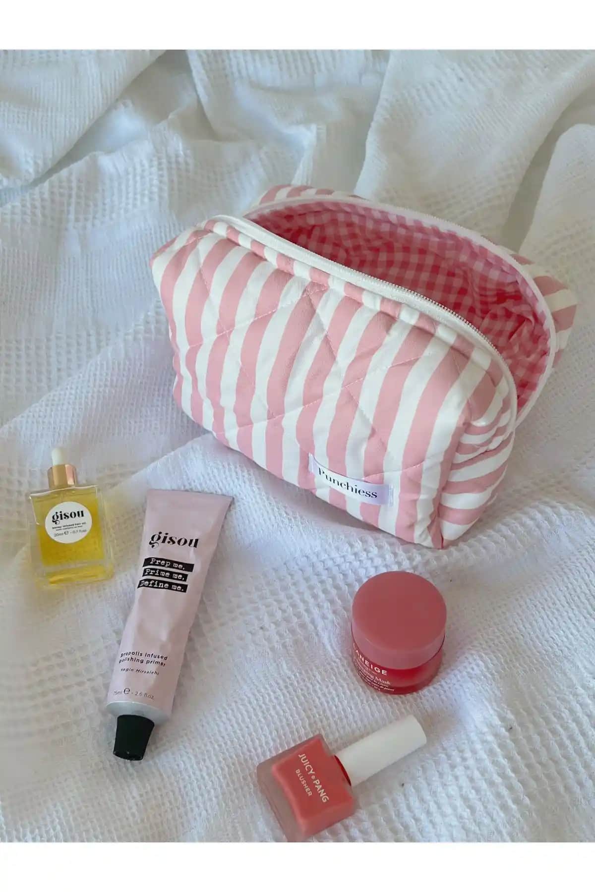 Punchiess Büyük Boy Çizgili Pembe Makyaj Çantası Şık ve Kullanışlı Tasarım