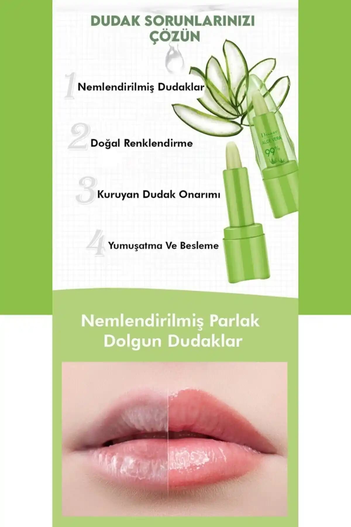 MUJGAN Aloe Vera %99 Dudak Bakım Ruju Doğal Nemlendirici ve Parlaklık Sağlayan Renkli Ürün