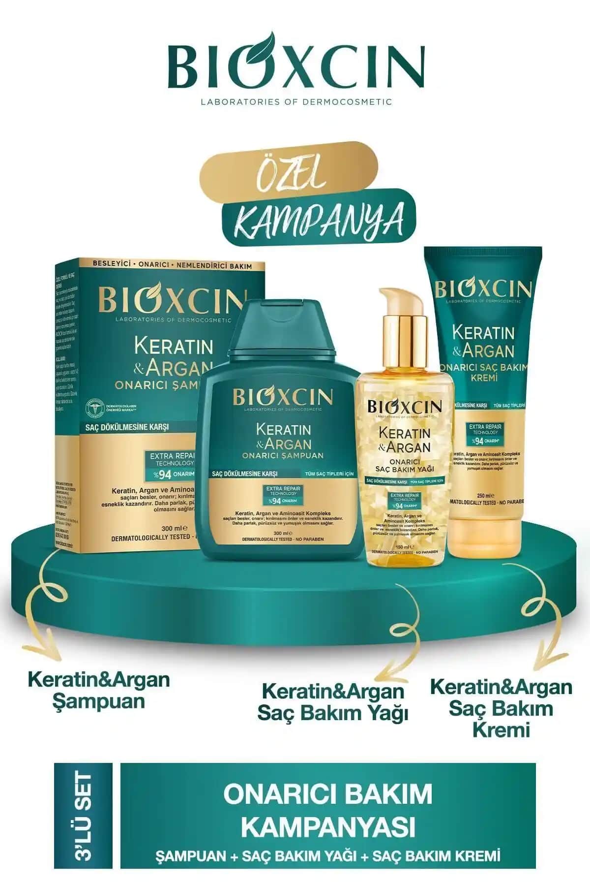 Bioxcin Keratin Argan Onarıcı Şampuan ve Bakım Seti İnce Telli Saçlar İçin Güçlendirici Çözüm