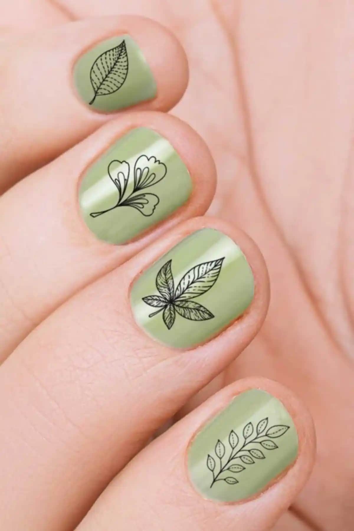 Yaprak Desenli Tırnak Dövmesi ile Modern ve Şık Nail Art Tasarımları