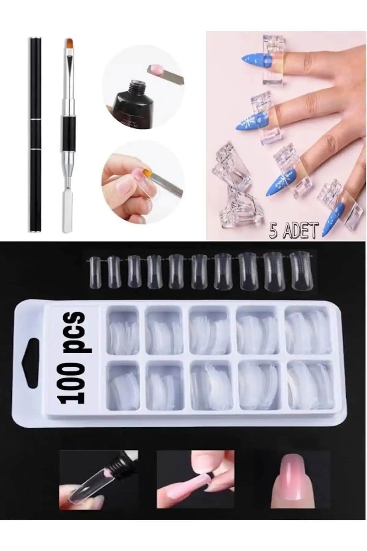 SİNKA Poly Jel Uygulama Fırçası ve Takma Tırnak Seti Profesyonel Manikür İçin