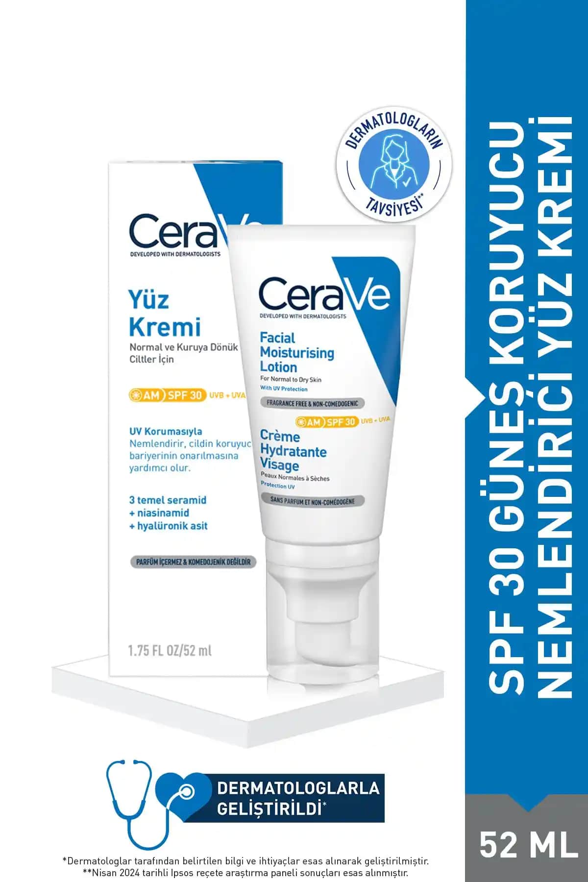CeraVe Yüz Nemlendirici Losyon SPF 30: Hassas ve Kuru Ciltler İçin Günlük Koruma ve Nemlendirme