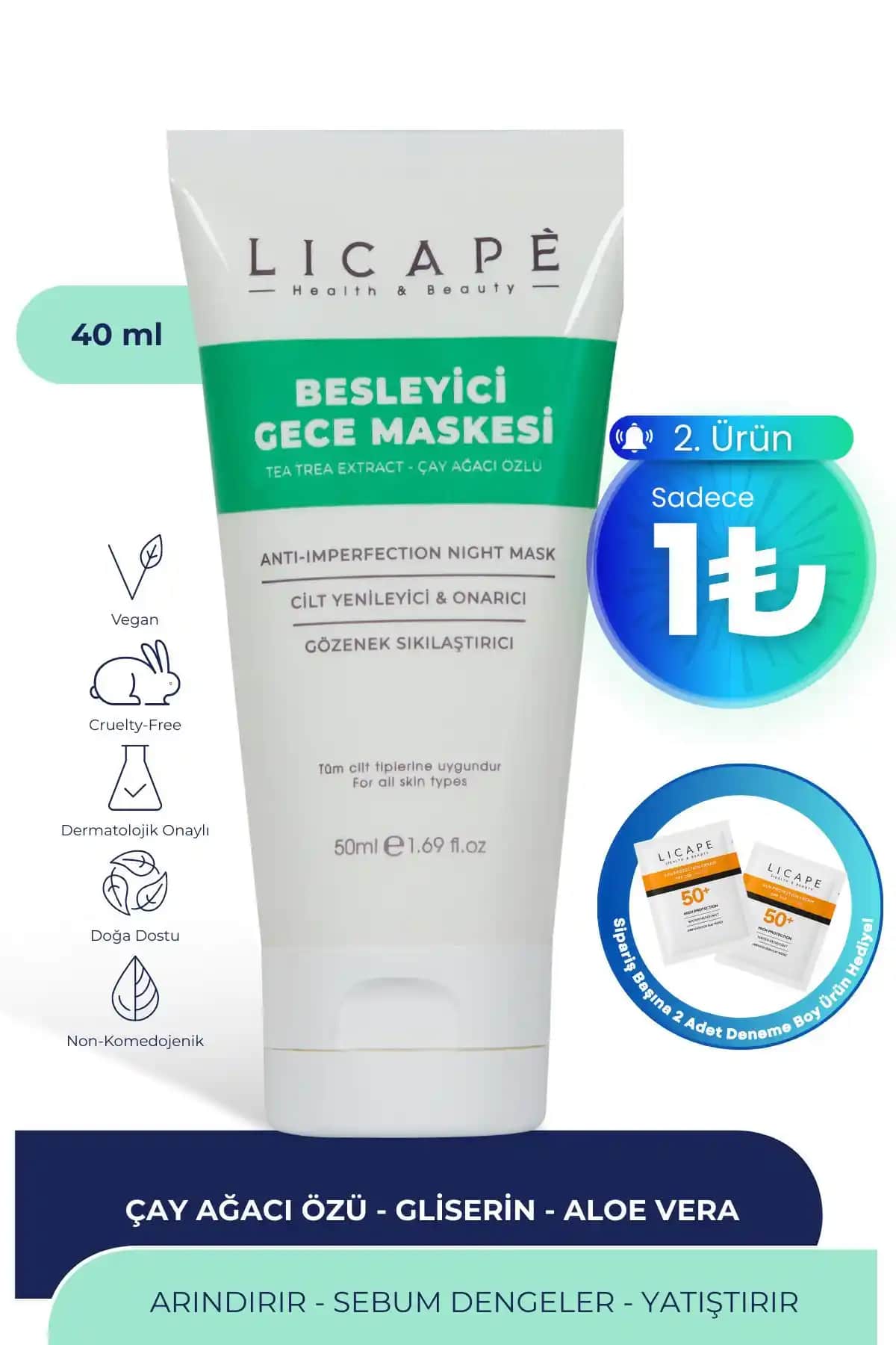 Licape Besleyici Gece Maskesi Çay Ağacı Özlü 50ml Doğa Dostu ve Etkili Cilt Bakımı