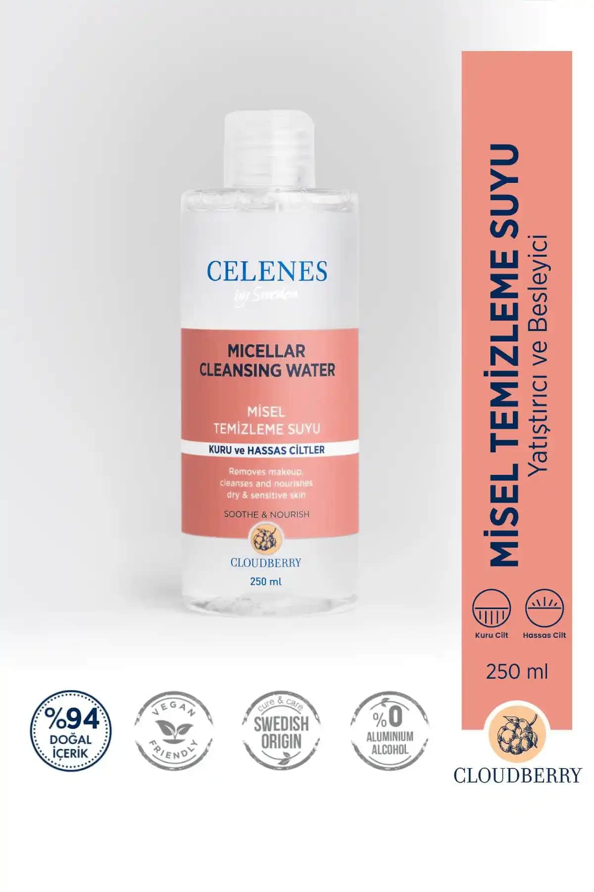 Celenes by Sweden Cloudberry Misel Temizleme Suyu Hassas ve Kuru Ciltler İçin Güvenli Bakım