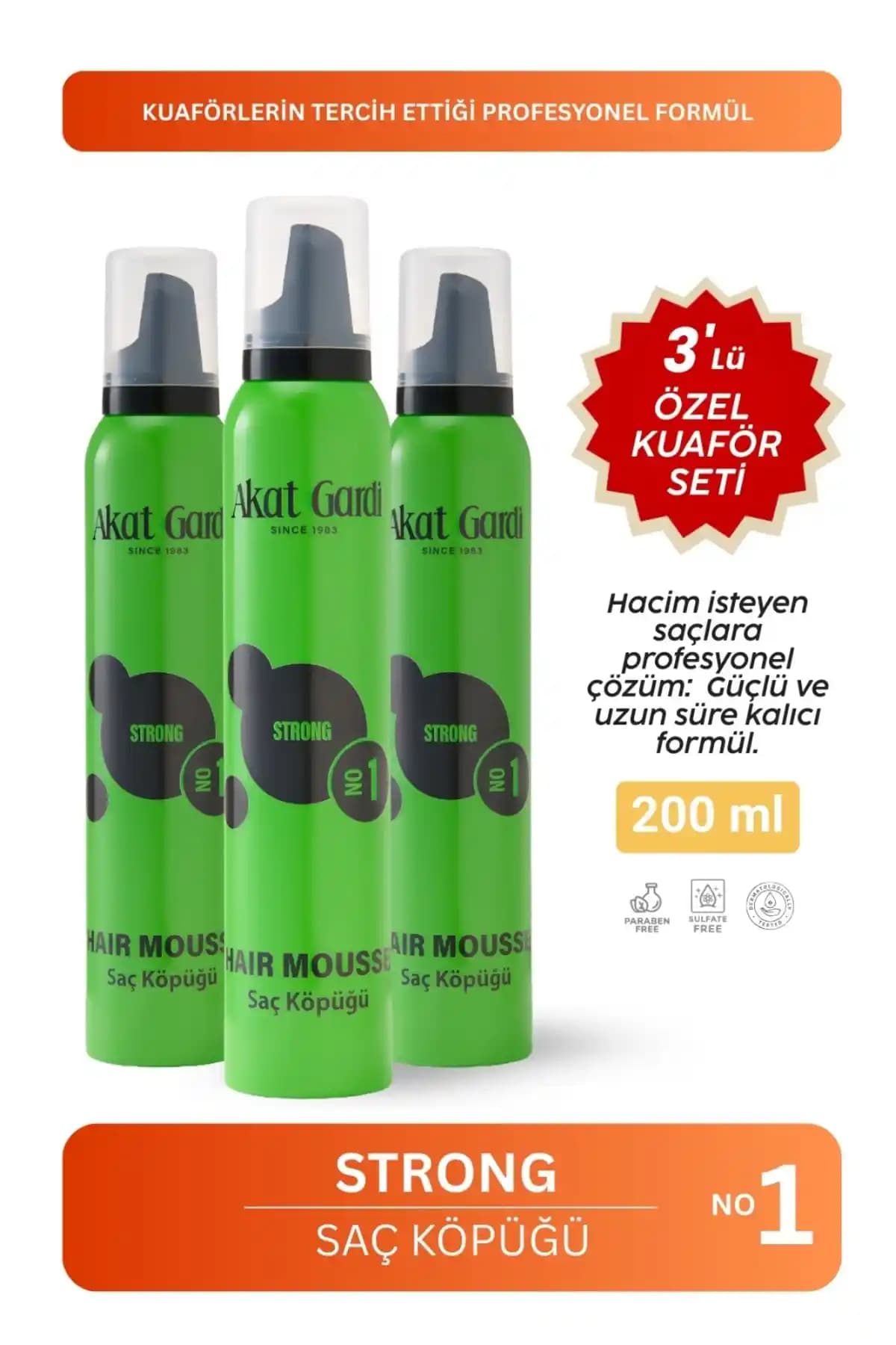 Akat Gardi Saç Köpüğü Strong Yeşil 200Ml 3'lü Set Hacim ve Şekillendirme İçin Güvenilir Ürün