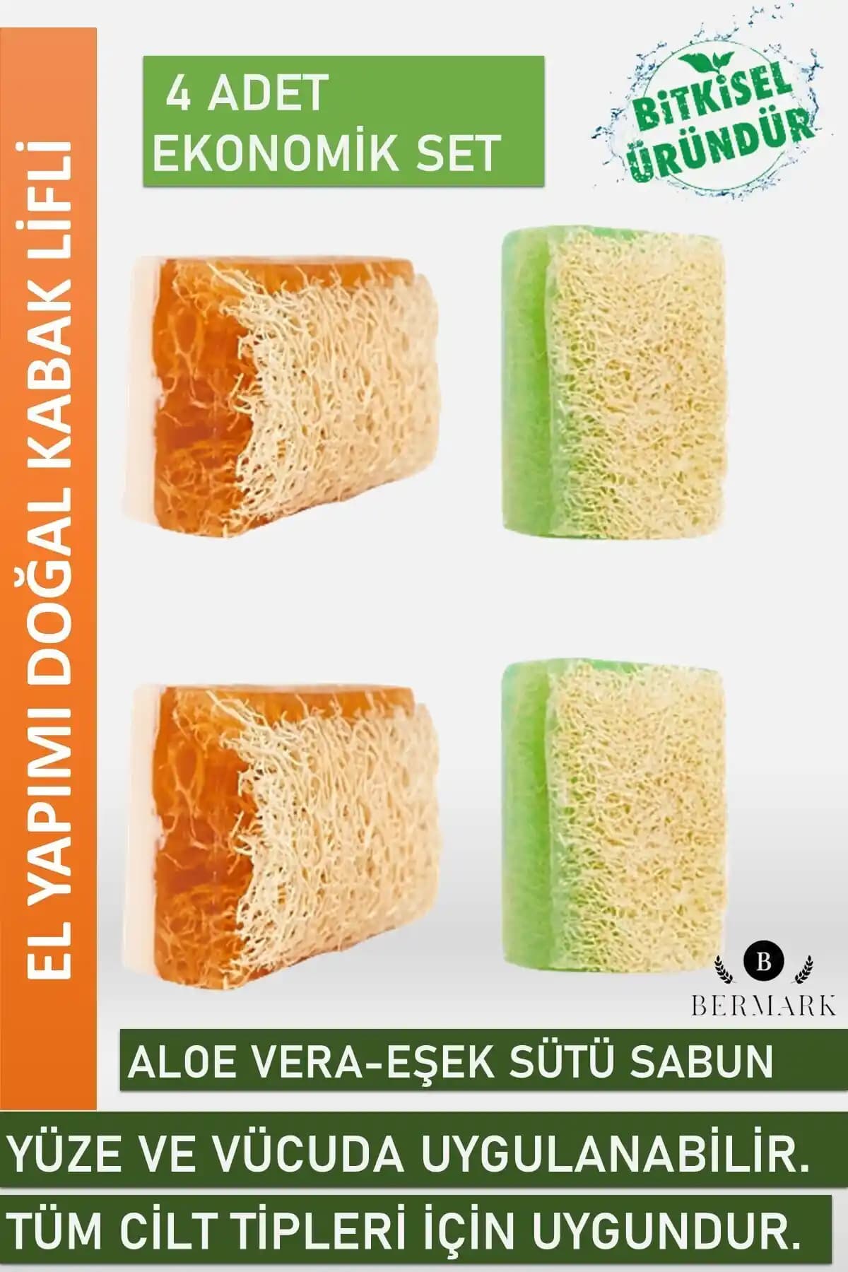 Bermark Doğal Kabak Lifli Eşek Sütü Bal ve Aloe Vera Sabun Seti Cilt Bakımında Doğal Çözüm