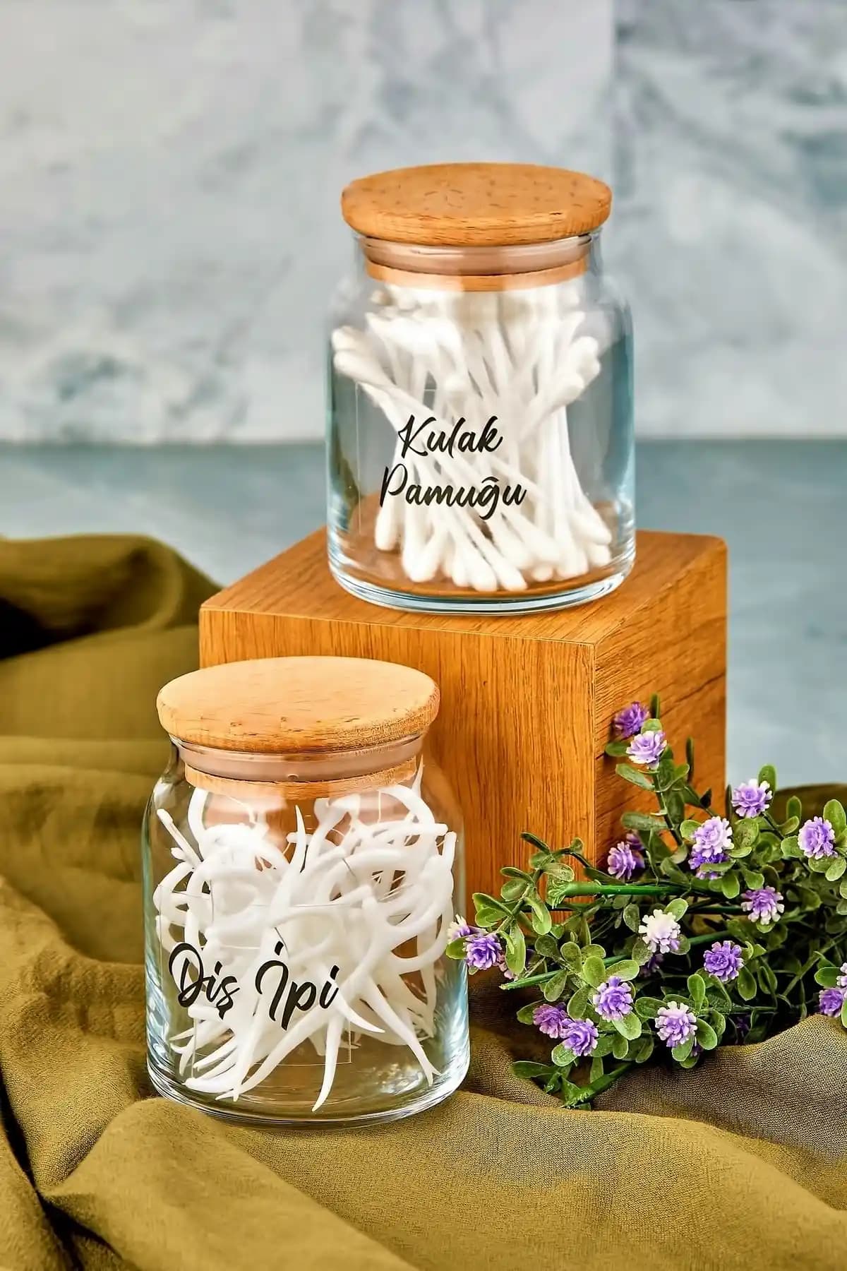 FBZhome Ahşap Kapaklı Şeffaf Diş İpi ve Kulak Pamuğu Organizeri 300 ml