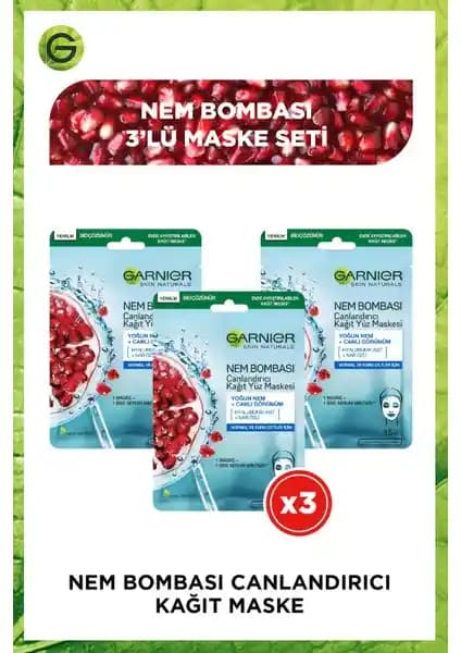 Garnier 3'lü Nem Bombası Kağıt Yüz Maskesi Seti ile Derinlemesine Nem ve Canlılık