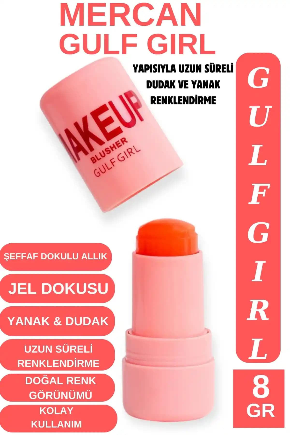GulFlower Doğal Görünüm Dudak ve Yanak Renklendirici Mercan 8 GR - Kolay Uygulama ve Canlı Renk