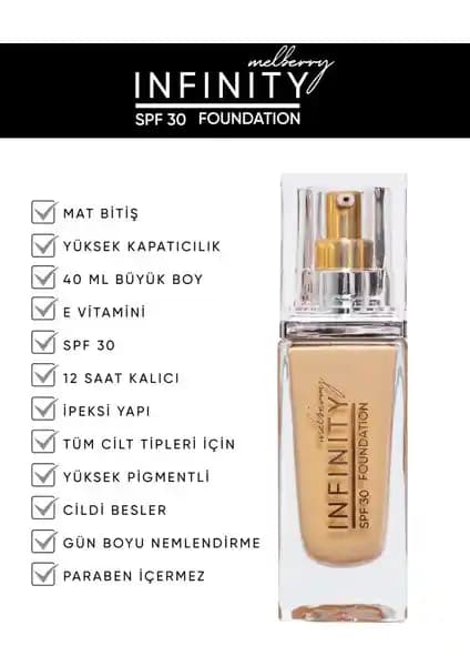 Melberry Infinity Fondöten Büyük Boy 40 ml: Yüksek Kapatıcılık ve Uzun Süreli Kalıcılık