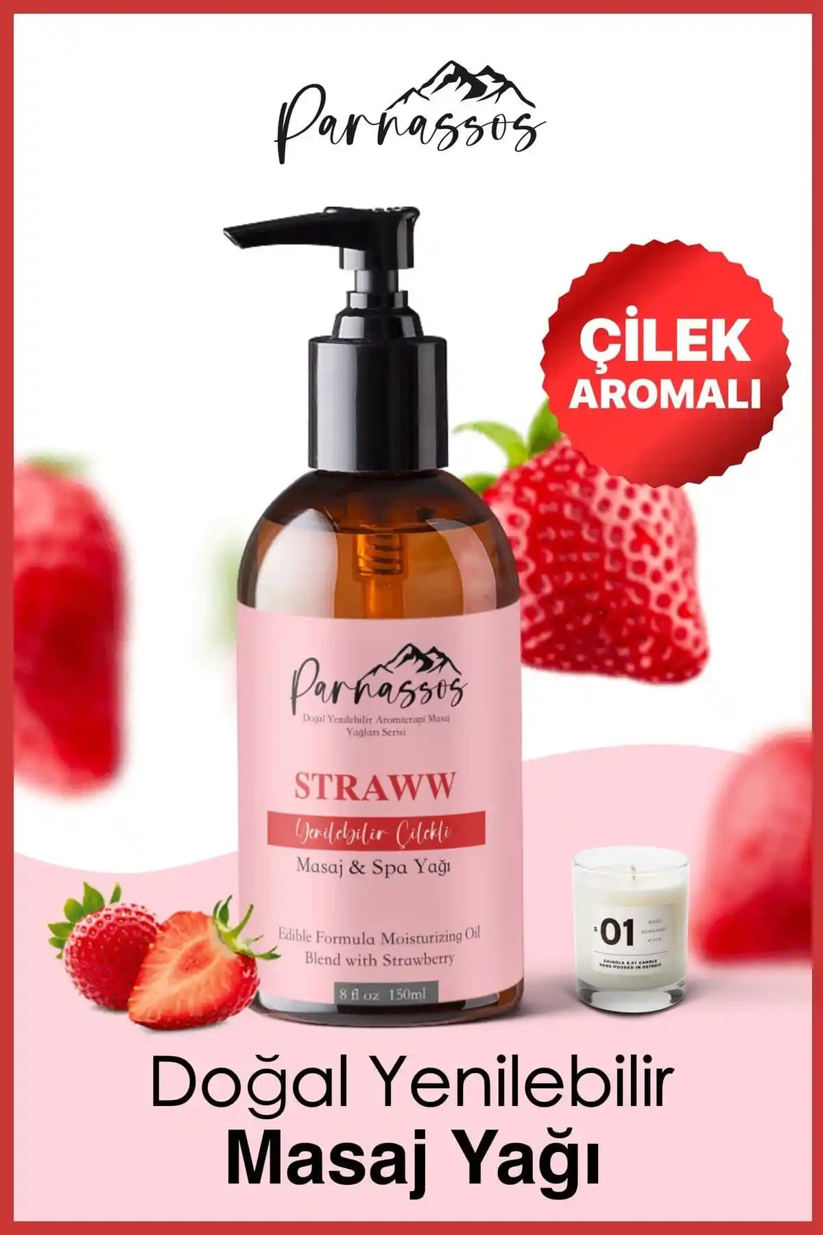 Parnassos Çilek Aromaterapi Masaj Yağı 150 ml doğal ve vegan içeriklerle rahatlatıcı etkiler sağlar