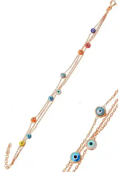 Söğütlü Silver Gümüş Rose Renkli Cam Göz Nazar Üç Zincirli Bileklik Detayları