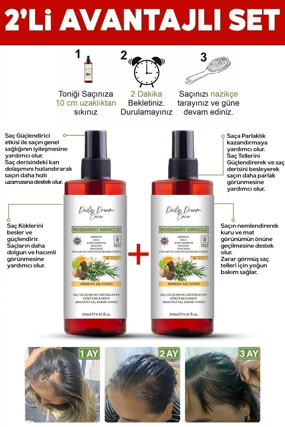 True Bee 2'li Biberiye Saç Toniği Seti: Doğal ve Güçlendirici Saç Bakım Çözümü