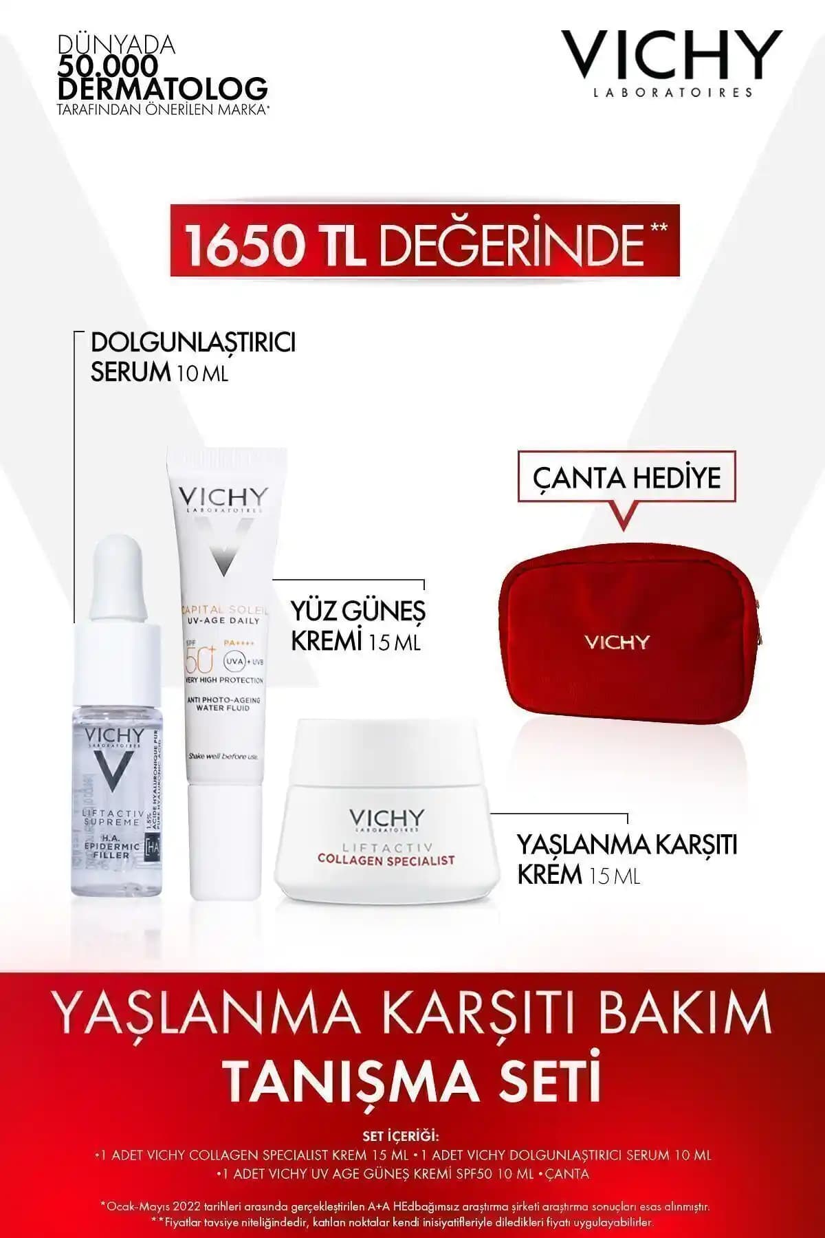 Vichy Yaşlanma Karşıtı Cilt Bakım Seti Güneş Koruyucu Serum ve Krem İçeriği