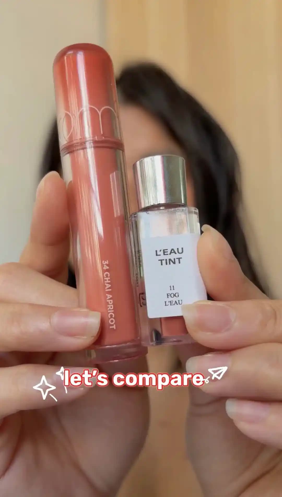 Rom&nd Juicy Lasting Tint 34 Chai Apricot ve Bbia L’eau Tint 11 Fog Renk, Doku ve Kalıcılık Karşılaştırması