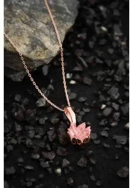 Elika Silver 14K Rose Altın Kaplama Pembe Zirkon Taşlı Lotus Çiçek Kadın Kolye