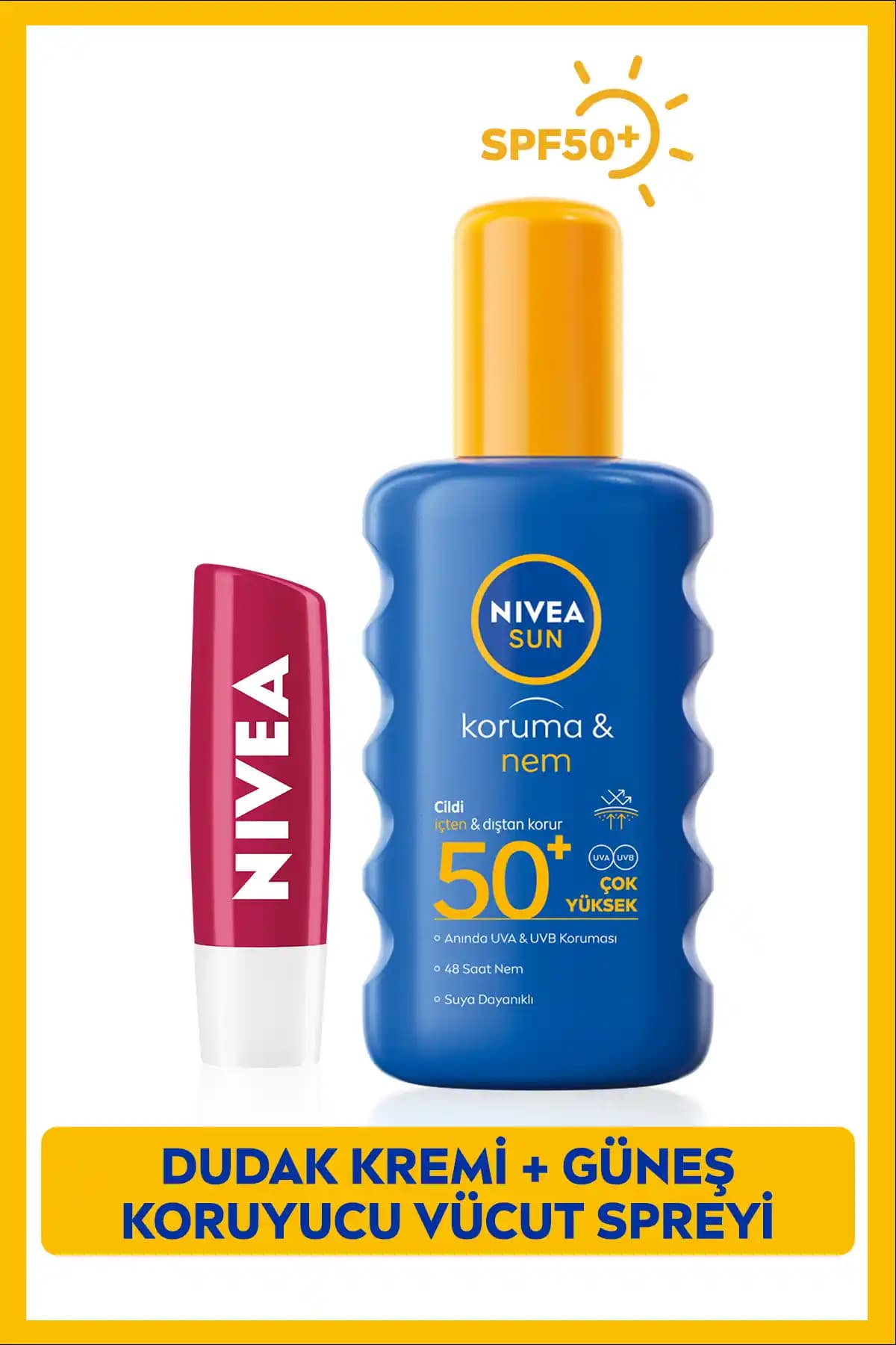 NIVEA SUN SPF50 Nemlendirici Güneş Koruyucu Vücut Spreyi ve Kiraz Dudak Bakım Kremi
