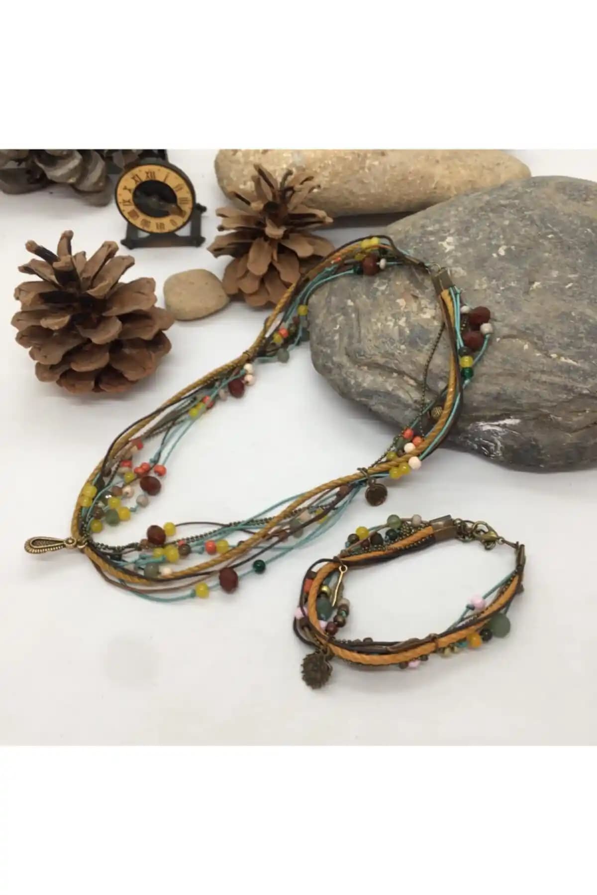 Porsuk Alternatif El Yapımı Otantik Bohem Kolye ve Bileklik Seti Günlük Kullanım İçin
