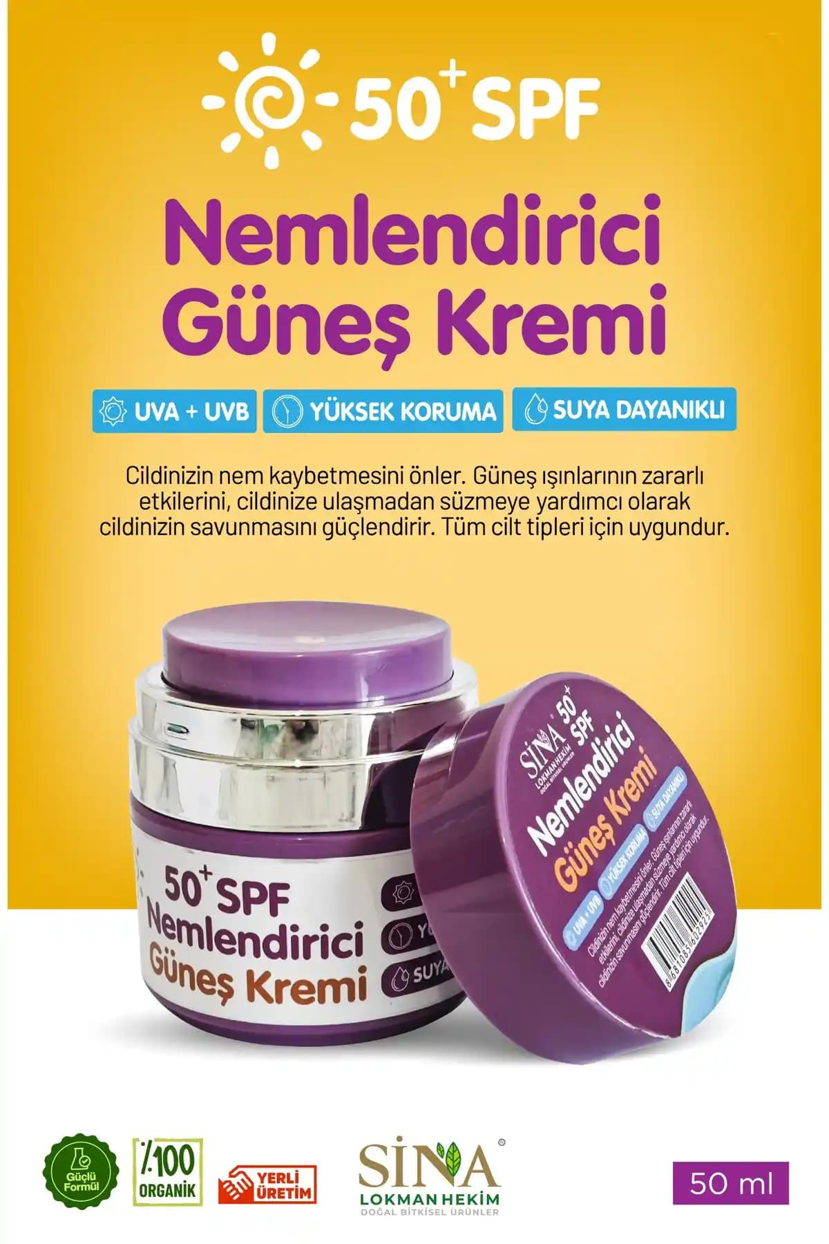 Sina Lokman Hekim Güneş Kremi SPF 50+ ile yüksek koruma ve nemlendirme sağlayan ürün