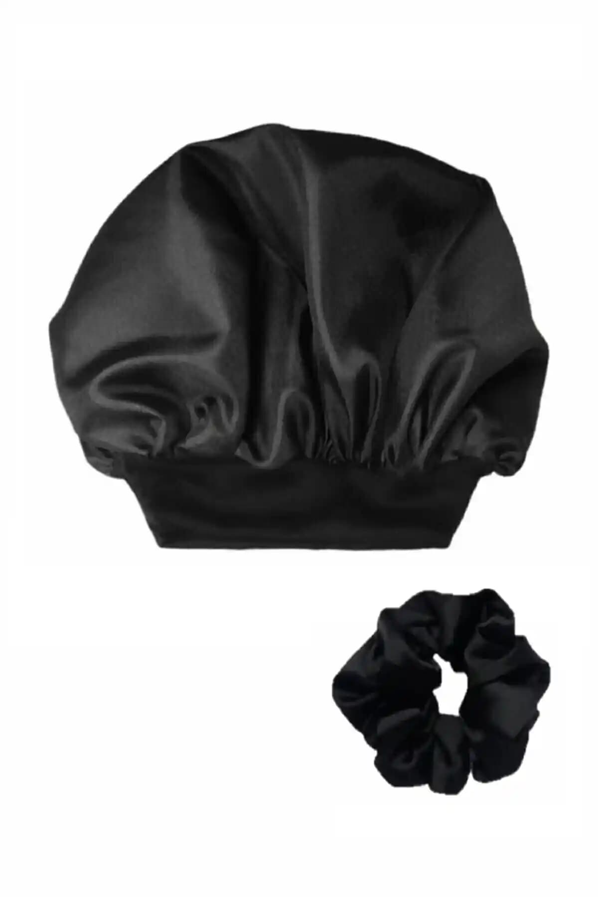 Siyah Saten Kıvırcık Saç Bonesi ve Toka Seti - Şık ve Fonksiyonel Saç Aksesuarı
